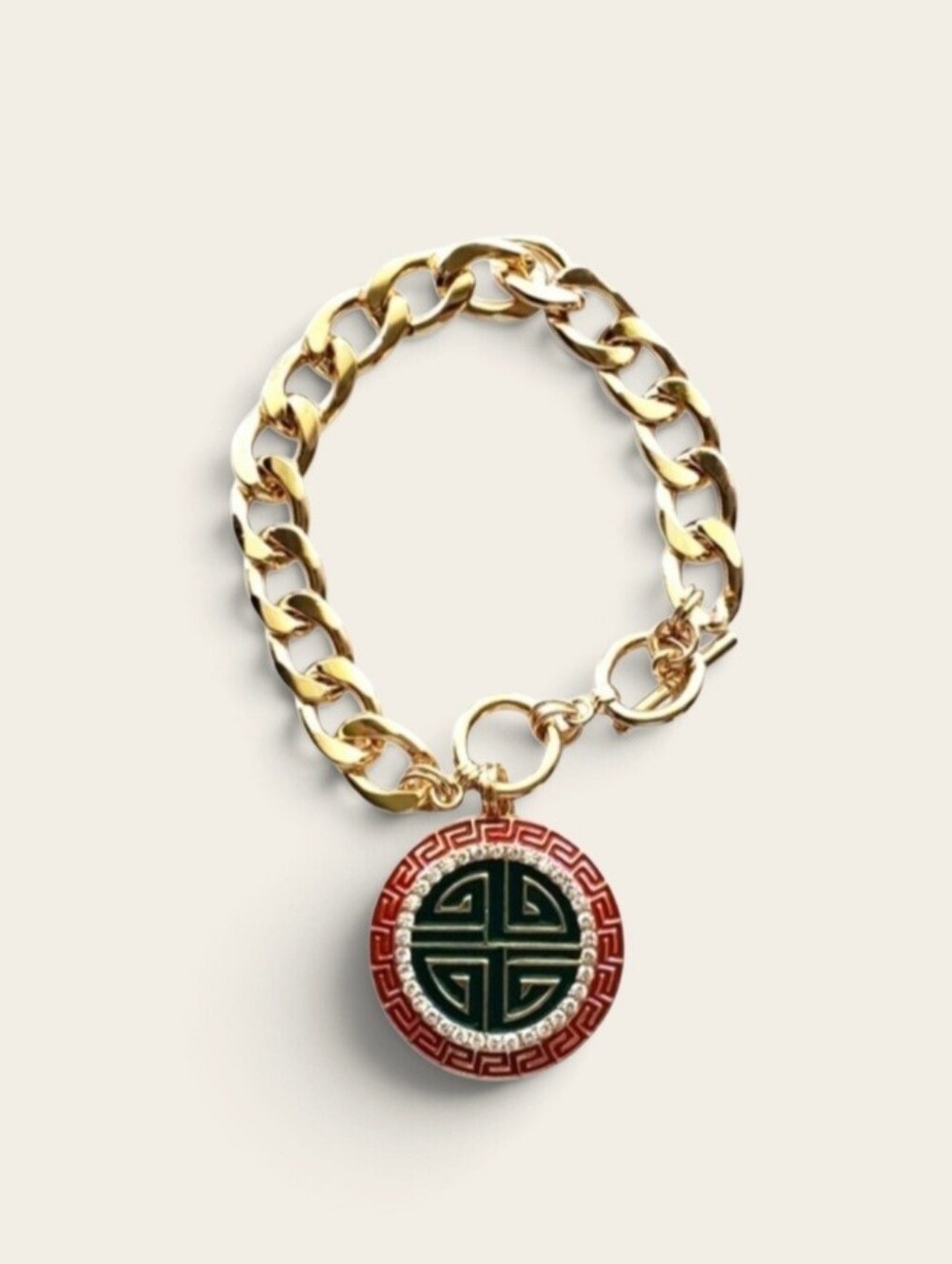 Gold Greek Key Toggle Chain Bracelet Red Green Medallion Charm